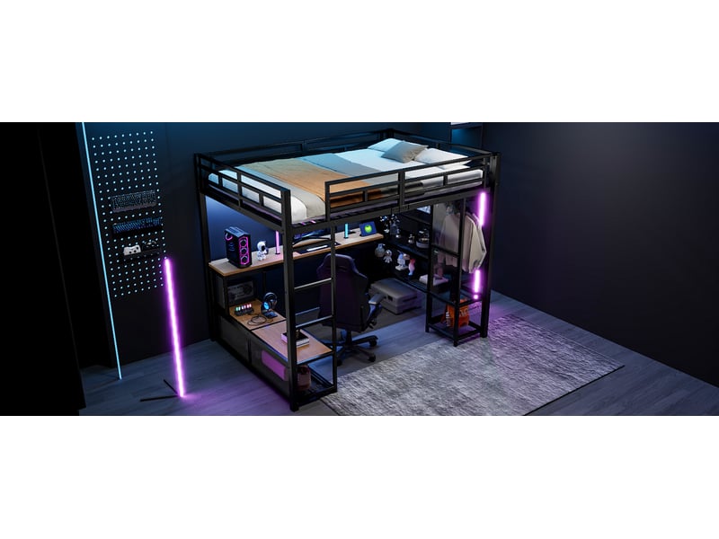  Lit mezzanine double 140×200 cm avec bureau, étagères, usb et led - okmyhome- noir, sans matelas  - Conforama E