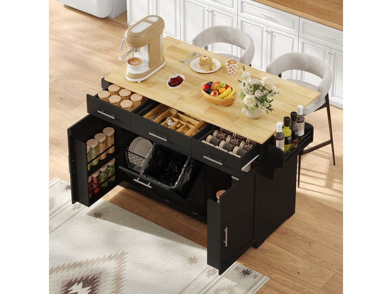  Ilot central de cuisine - 136x75x92cm - desserte avec plateau rabattable meuble poubelle prises et tiroirs - noir  - Conforama D