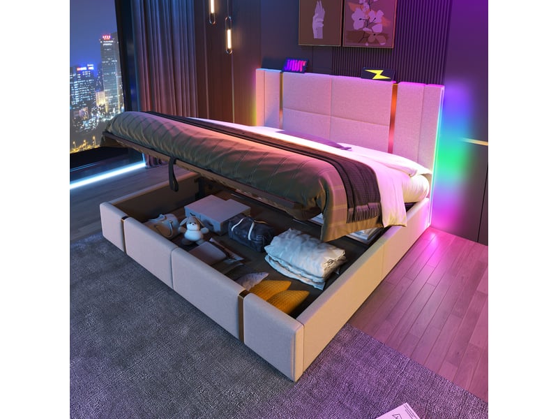  Lit double 180x200 cm avec coffre, led et usb-c, sommier inclus, lin beige  - Conforama B