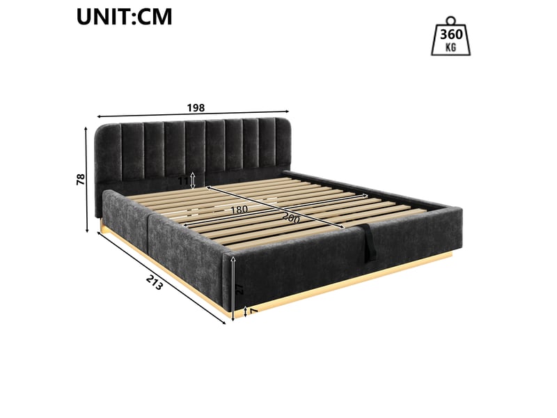  Lit coffre 180x200 cm anthracite, tissu chenille, sommier relevable hydraulique, led contrôlée par appli, sommier à lattes inclus  - Conforama C