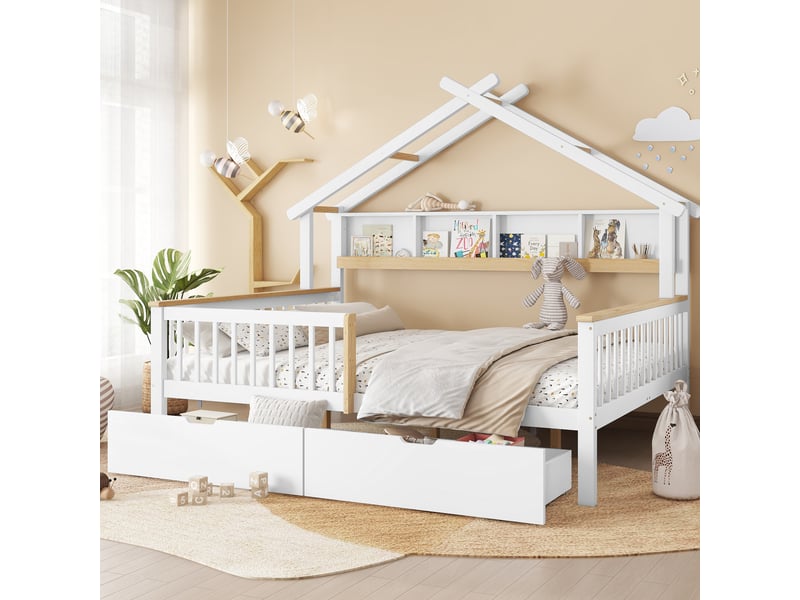  Lit cabane enfant 2 places 140 x 200 cm avec toit, garde-corps, étagère de 2 m et 2 tiroirs sur roulettes, pinmdf, blanc et effet bois naturel  - Conforama B