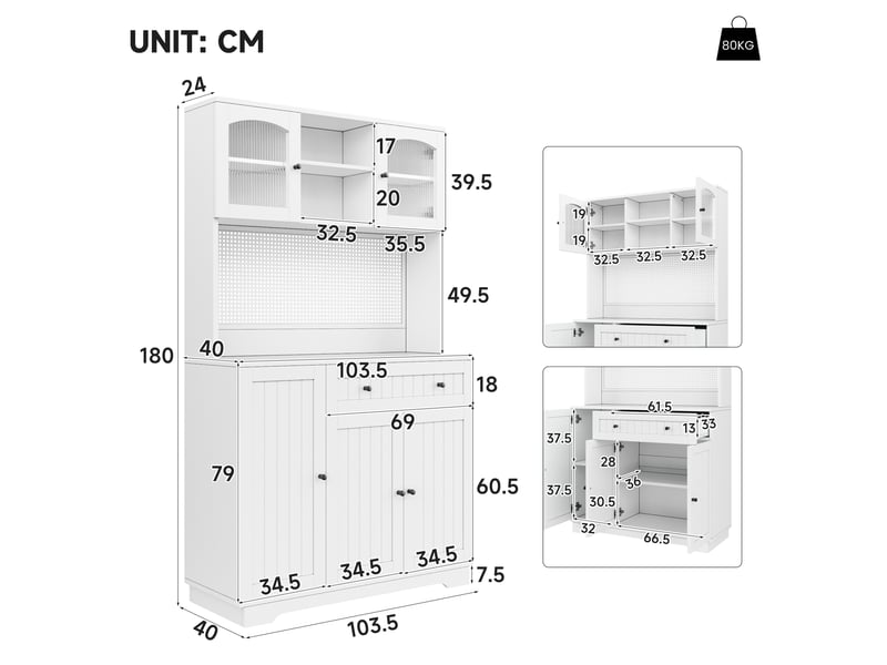  Buffet de cuisine haut 103,5x40x180 cm avec portes vitrées, étagères réglables, panneau perforé, tiroir, rangements, meuble blanc pour cuisine  - Conforama D