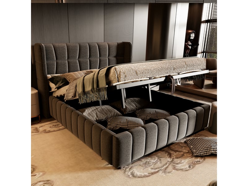  Lit coffre 180 × 200 cm en tissu effet lin gris, tête enveloppante IKSETERA TRADING LTD - Conforama B