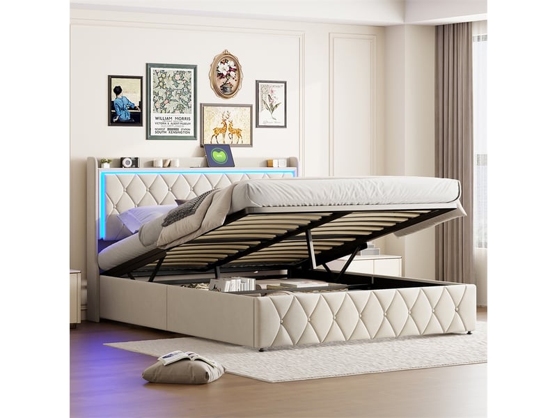 Lit 160x200cm - lit coffre 160x200cm - lit avec tête de lit en velours, coffre pneumatique, led rvb et station de charge - beige - Conforama B