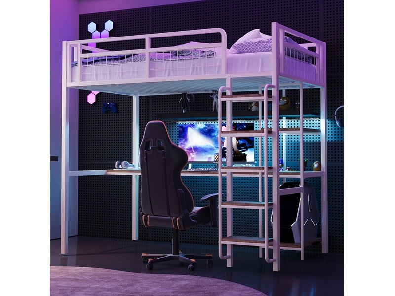  Lit mezzanine en métal 90x200 cm avec bureau intégré, garde-corps et échelle à marches, blanc sans matelas  - Conforama E