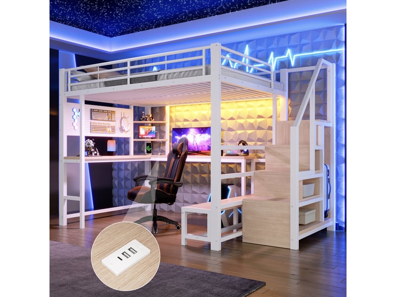  Lit mezzanine 140x200 cm avec bureau, led et rangements coloris blanc  - Conforama B