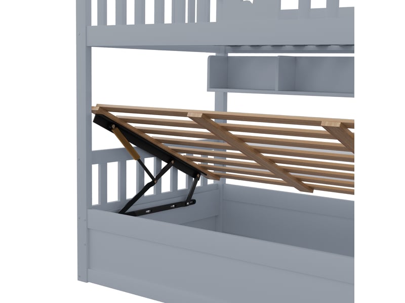 Lit superposé enfant 90 x 200 cm, couchage bas avec rangement hydraulique, escalier de rangement et étagères, gain de place, bois, gris evarich - Conforama D