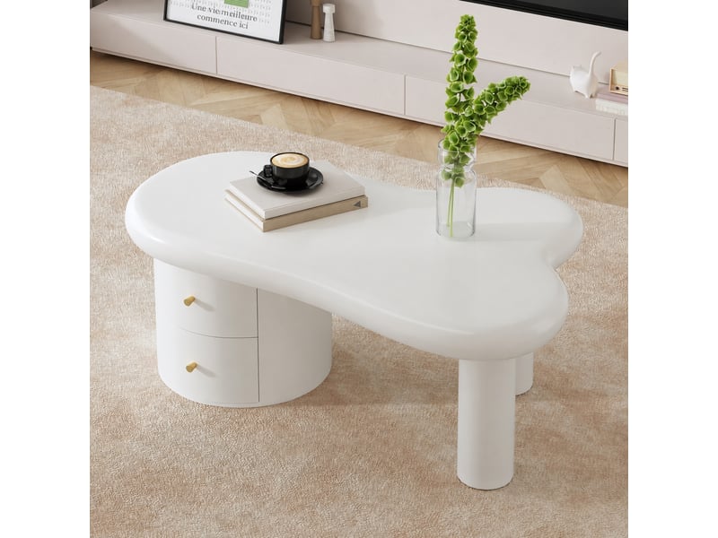  Table basse organique blanche en mdf avec 2 tiroirs, 97 x 64 x 42 cm  - Conforama D