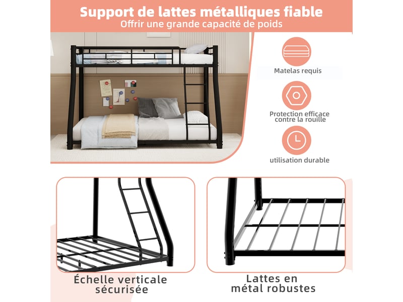  Lit superposé en métal 90×140 et 140×190 cm, échelle, garde-corps continu, pour jeune et adulte, pour chambre enfant  - Conforama E