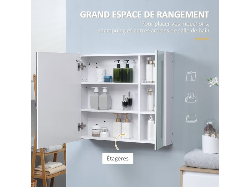  Armoire murale miroir lumineux led salle de bain 2 portes avec 3 niveaux blanc 70 x 15 x 65 cm  - Conforama E