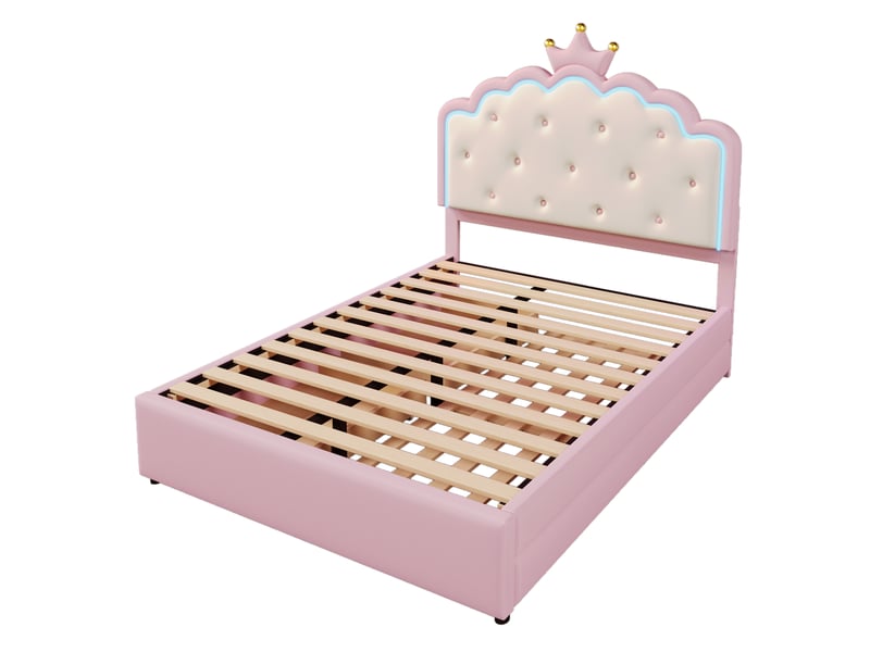  Lit 140 × 200 cm, lit gigogne 90 × 188 cm, 2 tiroirs, tête de lit couronne avec led, revêtement pu, sans matelas, rose  - Conforama A