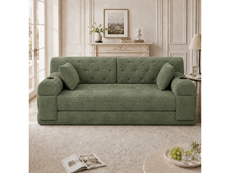 Canapé convertible 2 places en velours côtelé – canapé lit compact avec dossier haut, structure métal, mousse haute densité, porte-gobelets et poches de rangement – vert - Conforama C