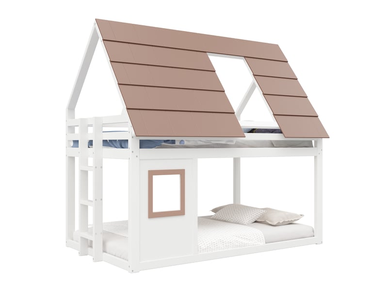  Lit superposé enfant 140×200 cm avec toit et échelle - okmyhome- sans matelas, pin et mdf blanc marron  - Conforama A
