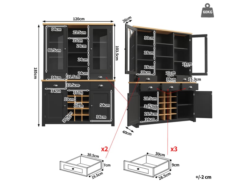 Armoire haute multifonctionnelle noire 120×40×185 cm - porte vitrée, 5 tiroirs, casier à vin amovible, fermeture amortie, anti-basculement - Conforama D