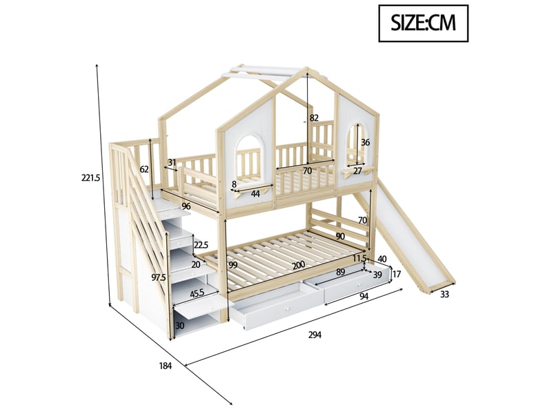  Modenvie lit superposé enfant 90x200 cm - avec toboggan, rangement intégré - pour chambre d'enfant - bicolore  - Conforama C