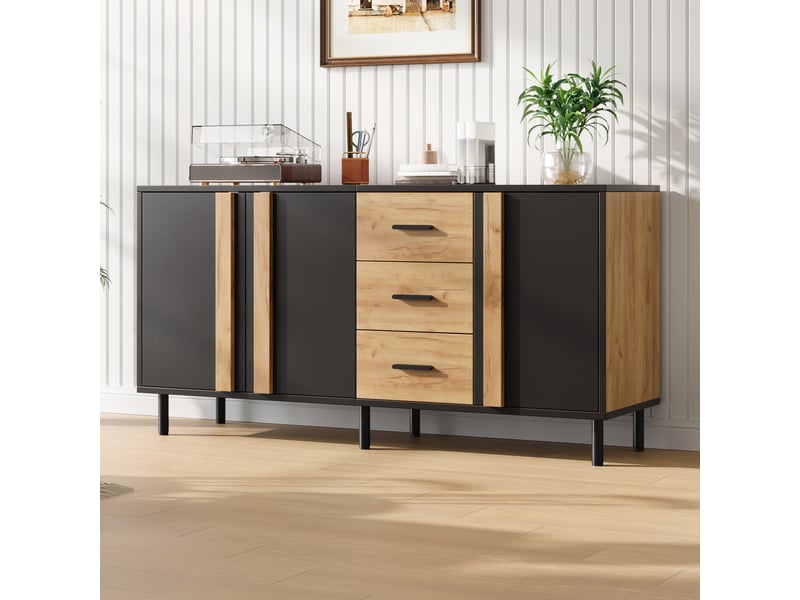  Buffet 140 x 35 x 70 cm, 3 portes et 3 tiroirs, 6 pieds métal, mdf noir et effet bois naturel evarich - Conforama E