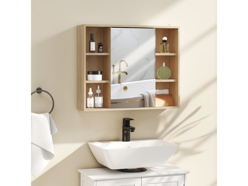  Meuble salle de bain avec miroir, placard à portes et 6 compartiments ouverts, 60 x 14,5 x 49,4 cm, bois naturel  - Conforama C