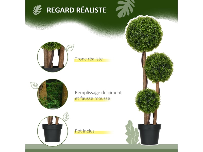  Arbre artificiel buis avec 3 boules feuilles de bambou pot inclus intérieur et hauteur extérieur 110 cm vert  - Conforama E