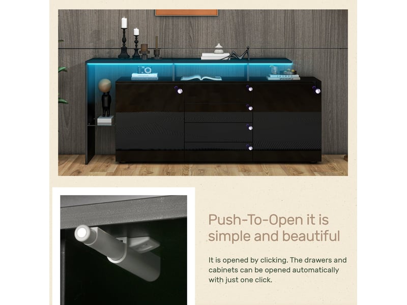 Buffet 160 cm, avec led intégrée, 2 portes, 4 tiroirs, finition haute brillance, panneau de particules, noir, élégant - Conforama E