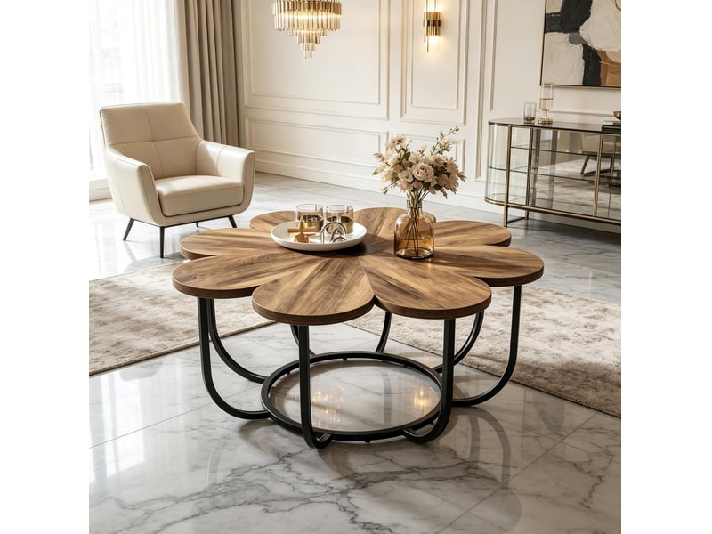  Table basse ronde 100x100x50 cm – noir et marron – plateau floral et piètement en métal courbé pour salon  - Conforama B