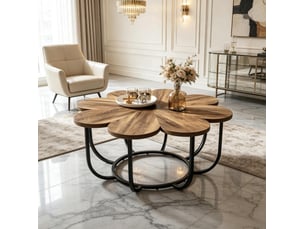 Table basse ronde 100x100x50 cm – noir et marron – plateau floral et piètement en métal courbé pour salon