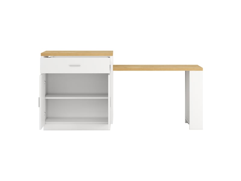Îlot de cuisine avec table extensible 4-6 personnes, prises, 2 tiroirs et étagères - Conforama E