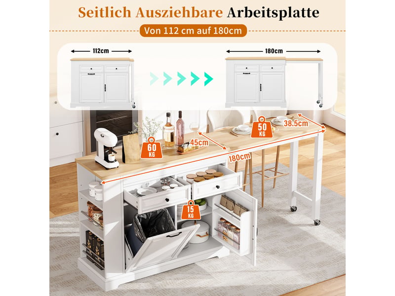 Îlot de cuisine 116x45x92 cm - extensible - grand rangement - sur roulettes - avec tiroirs - mdf - gain de place - meuble de rangement - beige CozyNest - Conforama E