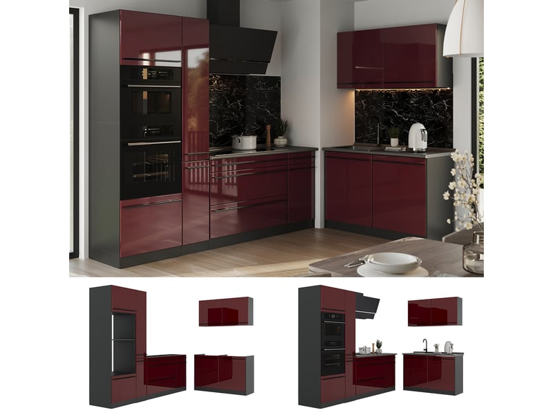 Vicco cuisine en angle, rouge brillantanthracite, 230 x 120 cm sans plan de travail - Conforama D