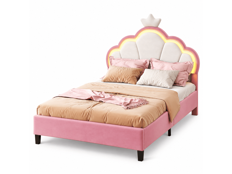  Lit double 140x200 cm avec éclairage led et tête de lit réglable en hauteur, lit capitonné en velours rose, structure de lit avec sommier à lattes  - Conforama A