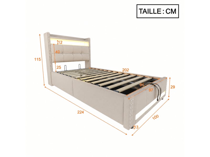 Lit coffre enfant 90x200 cm à relevage hydraulique - led multicolores, usb et tissu de lin beige - Conforama C