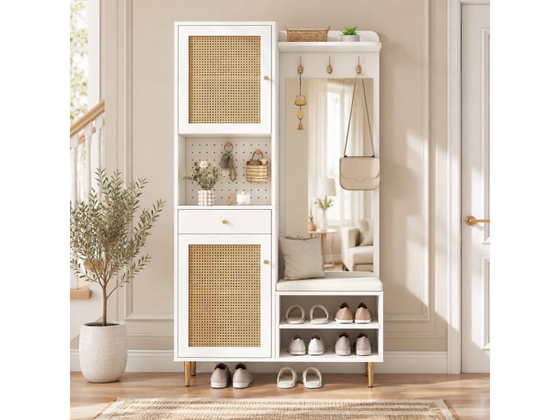  Ensemble vestiaire 99 x 35 x 180 cm – blanc et naturel – banc, miroir, portes en rotin et panneau perforé  - Conforama B