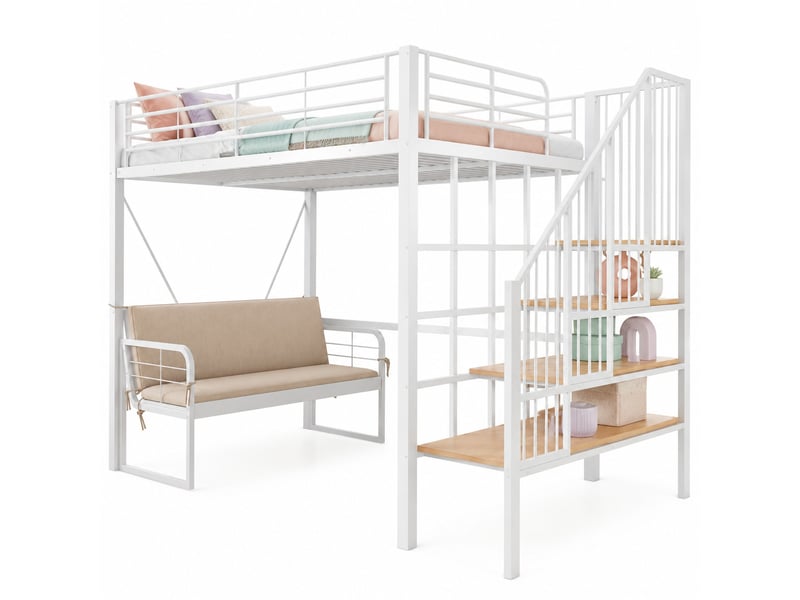  Lit superposé enfant 140x200 cm – blanc – escalier de rangement, canapé amovible et lavable, sans matelas  - Conforama A