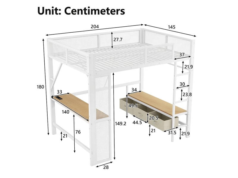  Lit mezzanine 140x200 avec bureau, armoire ouverte, 3 tiroirs, led et ports usb, métal, blanc  - Conforama D