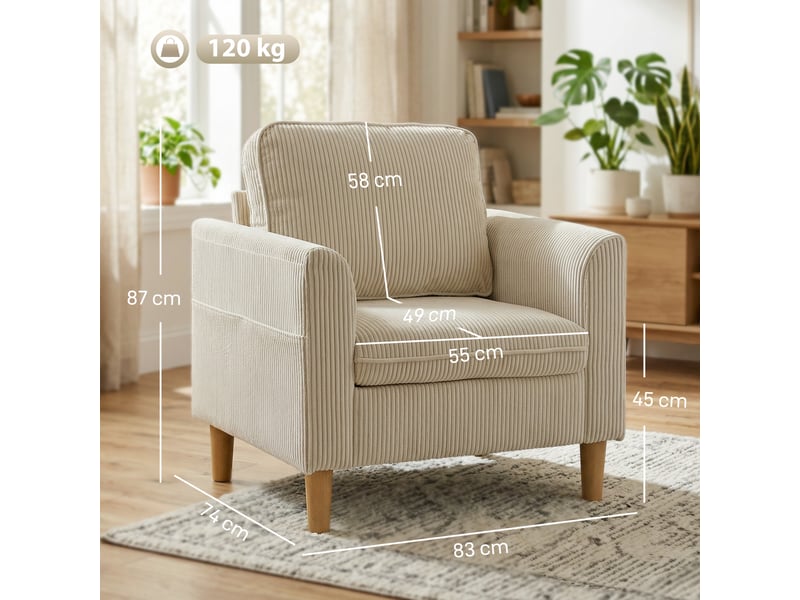  Fauteuil de salon en velours côtelé, canapé 1 place rembourré avec assise large et coussin à ressorts, 83x74x87cm, beige  - Conforama C