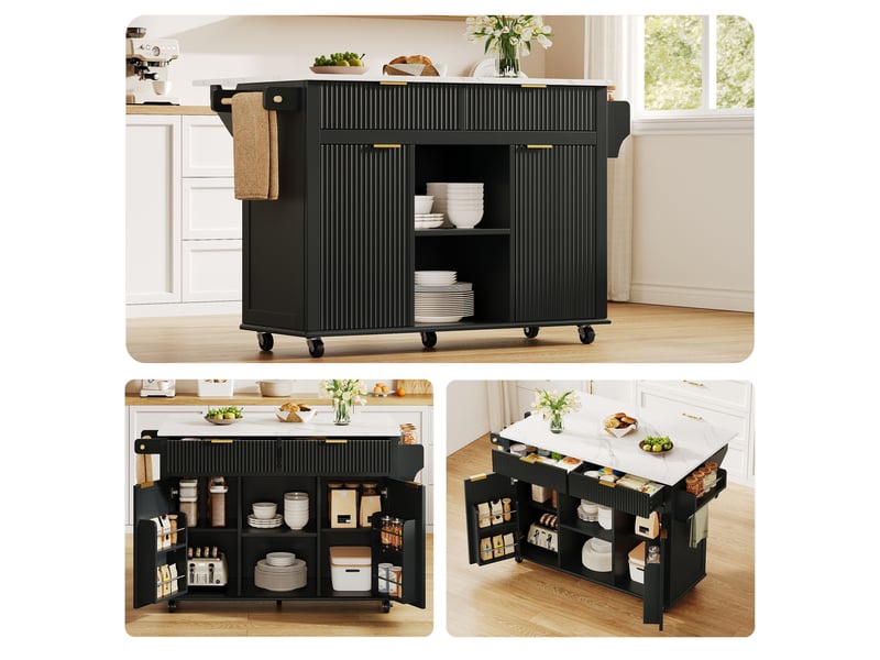 Desserte de cuisine à roulettes 143 x 45 x 89,5 cm noir et naturel, mdf, plateau rabattable et rangements - Conforama B