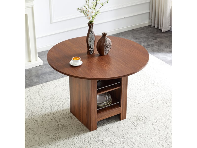 Table basse - table de salle à manger ronde moderne avec compartiments de rangement ouverts, noyer, 100 x 100 x 76 cm - Conforama B