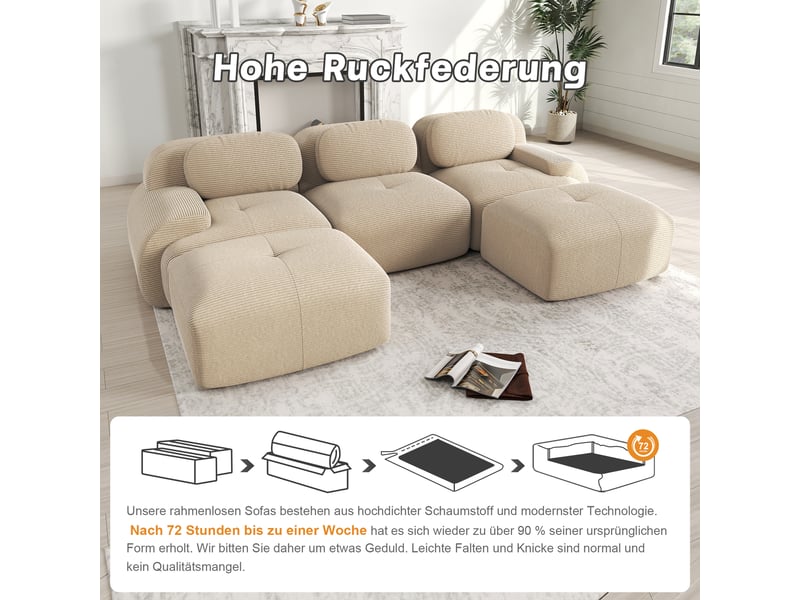  Canapé 3 places d’angle panoramique en velours côtelé beige, largeur 298 cm, sans cadre W3325S00036 - Conforama R