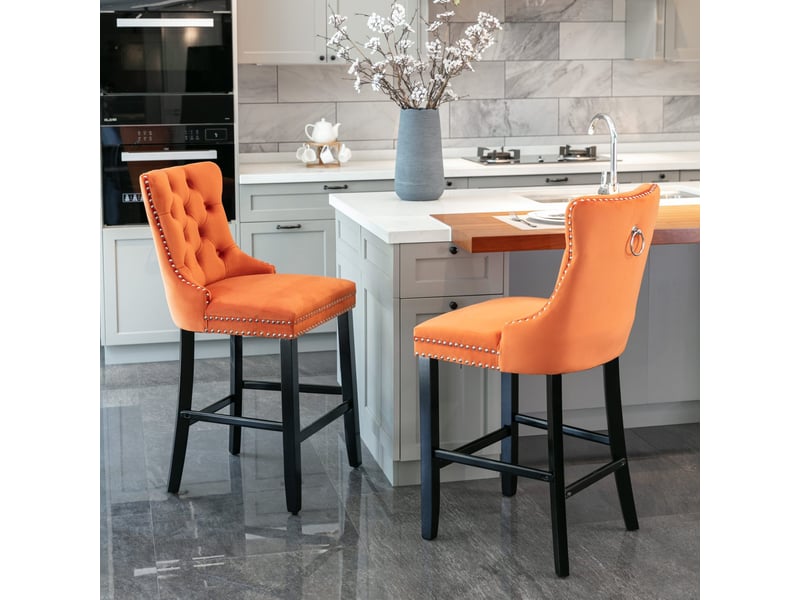  Tabouret de bar velours orange dossier haut capitonné bois cravdom  - Conforama C