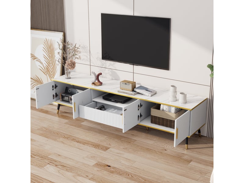  Meuble tv 200 cm effet marbre blanc et or avec rangement  - Conforama C