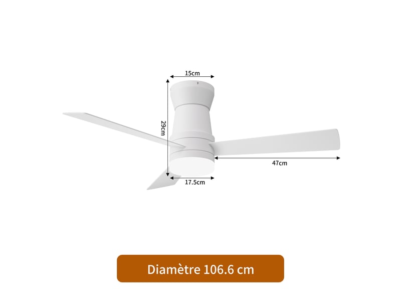 Ventilateur de plafond avec éclairage led, 6 vitesses de ventilation, blanc, 42 pouces - 3 pales  - Conforama C
