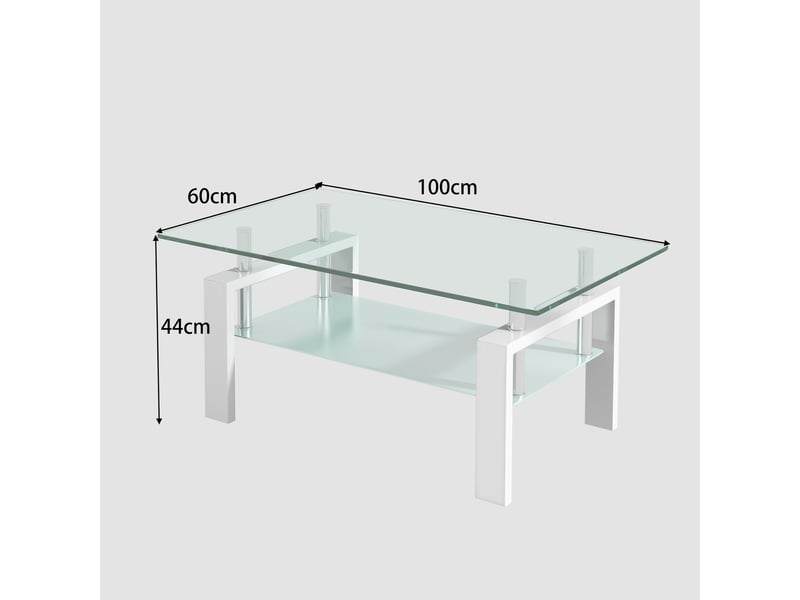  Table basse de salon rectangulaire en verre trempé blanc, 2 plateaux, structure métal, 100 x 60 x 44 cm Fay Lum - Conforama C