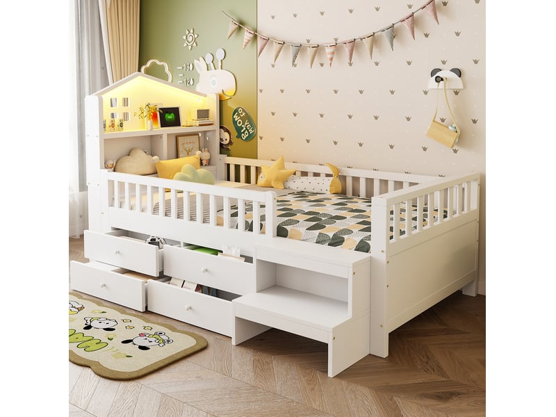  Lit enfant 90x200 cm avec quatre tiroirs et led, bois et mdf, blanc sans matelas  - Conforama C