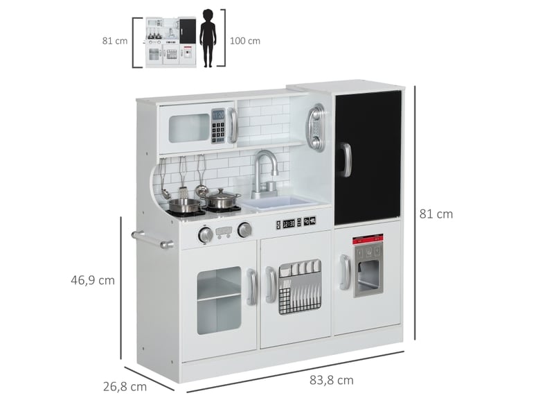 Cuisine jouet pour enfants 83.8x26.8x81 cm avec téléphone, tableau noir, micro-ondes, cuisinière, évier, accessoires, mdf, blanche - Conforama C