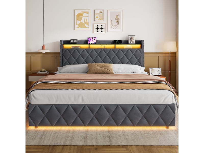 Lit coffre avec éclairage led, recharge et rangement, tête de lit avec étagère 180 × 200 cm - Conforama C