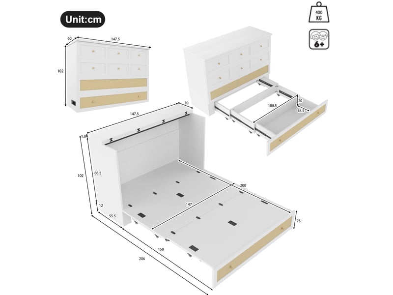  Lit escamotable 140x200 cm avec rangement, usb et prise blanc  - Conforama C