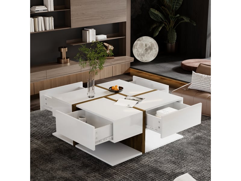 Table basse contemporaine 78x78 cm, finition brillante, 4 tiroirs, design bicolore, lignes modernes - Conforama D