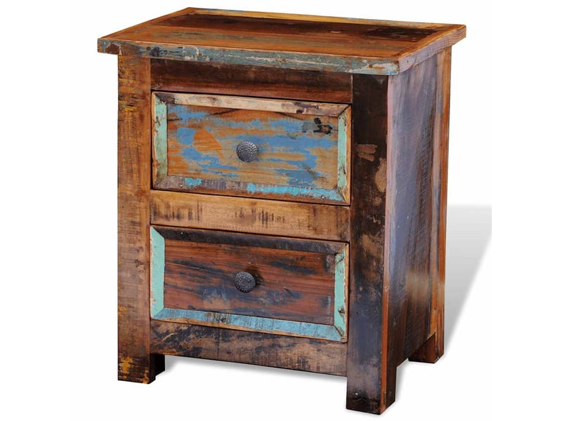  Table de chevet - cabinet de chevet - table de nuit avec 2 tiroirs bois massif recyclé  - Conforama C