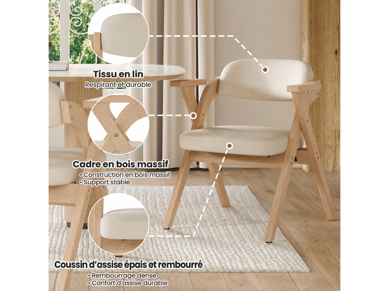 Lot de 4 chaises pliantes en bois massif et lin beige, avec accoudoirs, confortables et gain de place pour salle à manger - Conforama D