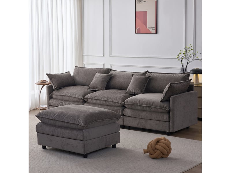 Canapé d'angle ulevr 3 places avec méridienne et pouf modulable 267 x 154 cm, chenille gris - Conforama E