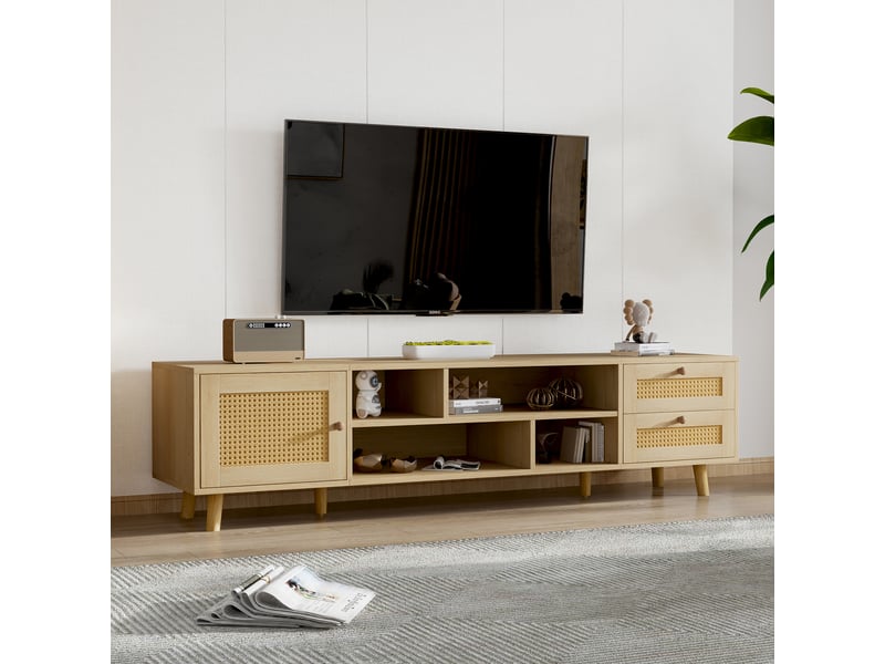  Meuble tv 160 cm rotin pour écran 70 pouces - 2 tiroirs 1 porte avec passe-câbles  - Conforama D